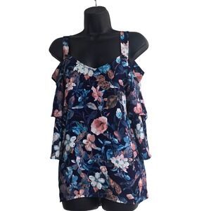 Berry N Cream Cold Shoulder Blouse‎ Navy Blue Ruffle Tiered Sleeve Top Sz L